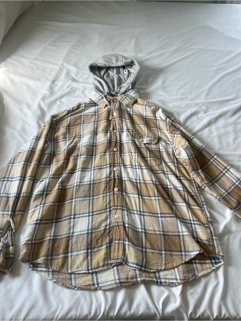 American Eagle Outfitters Beige and Gray Plaid Button-Down Shirt with Hood